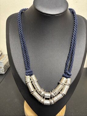Chico’s Navy Blue Nautical Rope Hammered Silver Cylinder Beaded Necklace